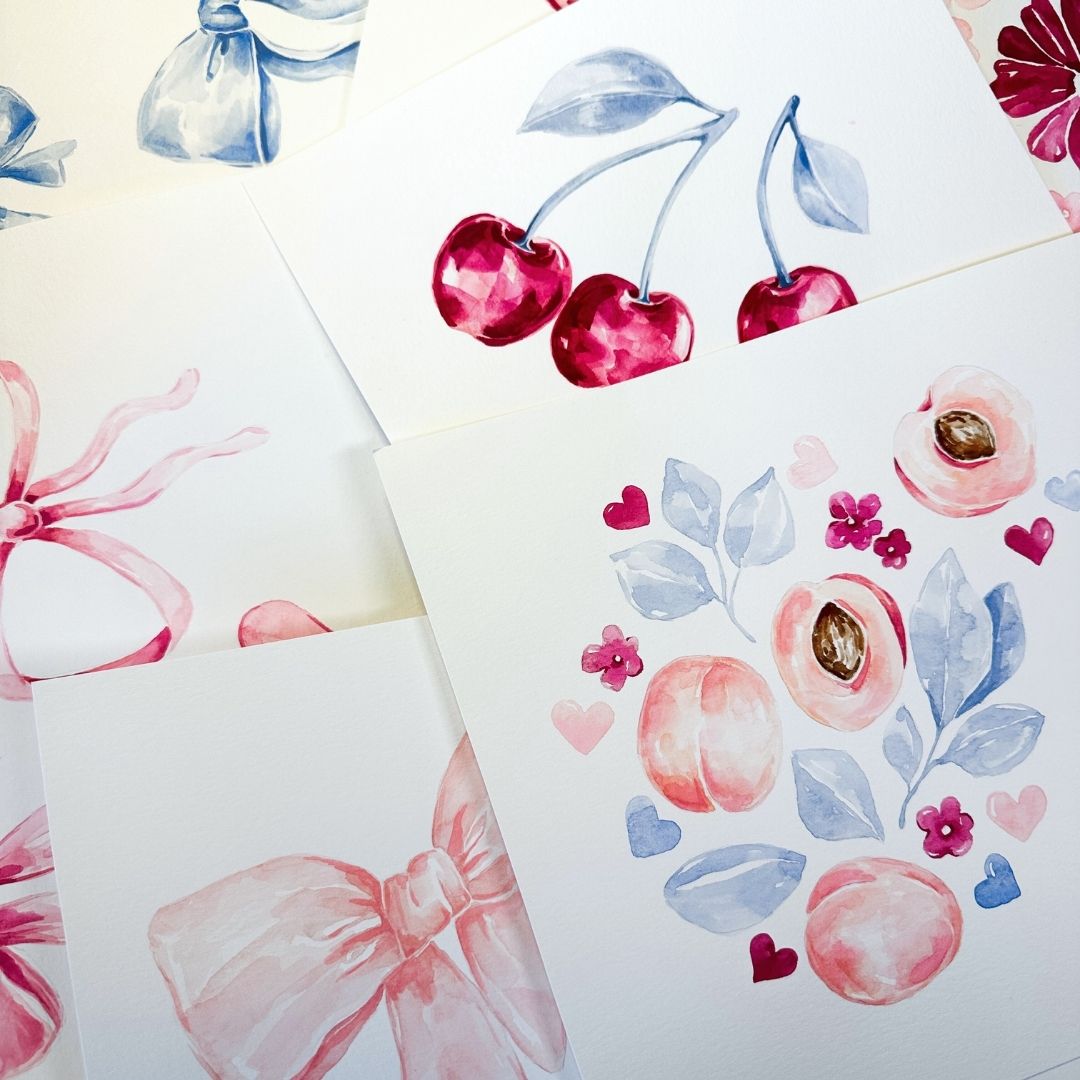 Watercolor Illustrations of cherries, bows, and flowers on a white background