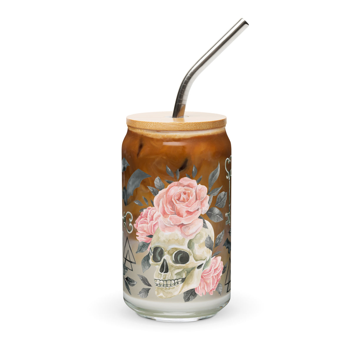 a jar with a straw in it with a skull and roses painted on it