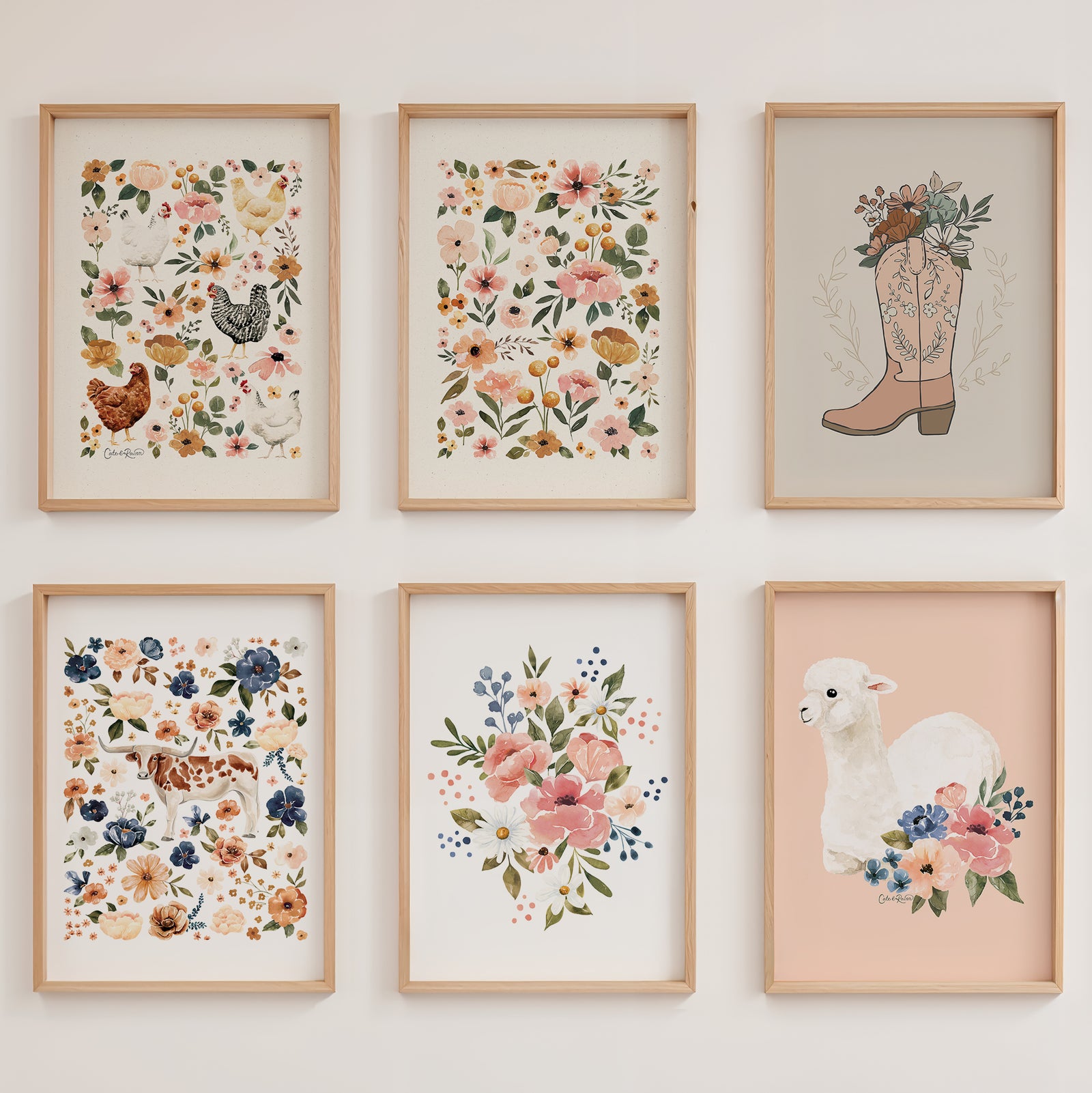 Wall art mockup featuring floral designs with wooden frames on a white wall.