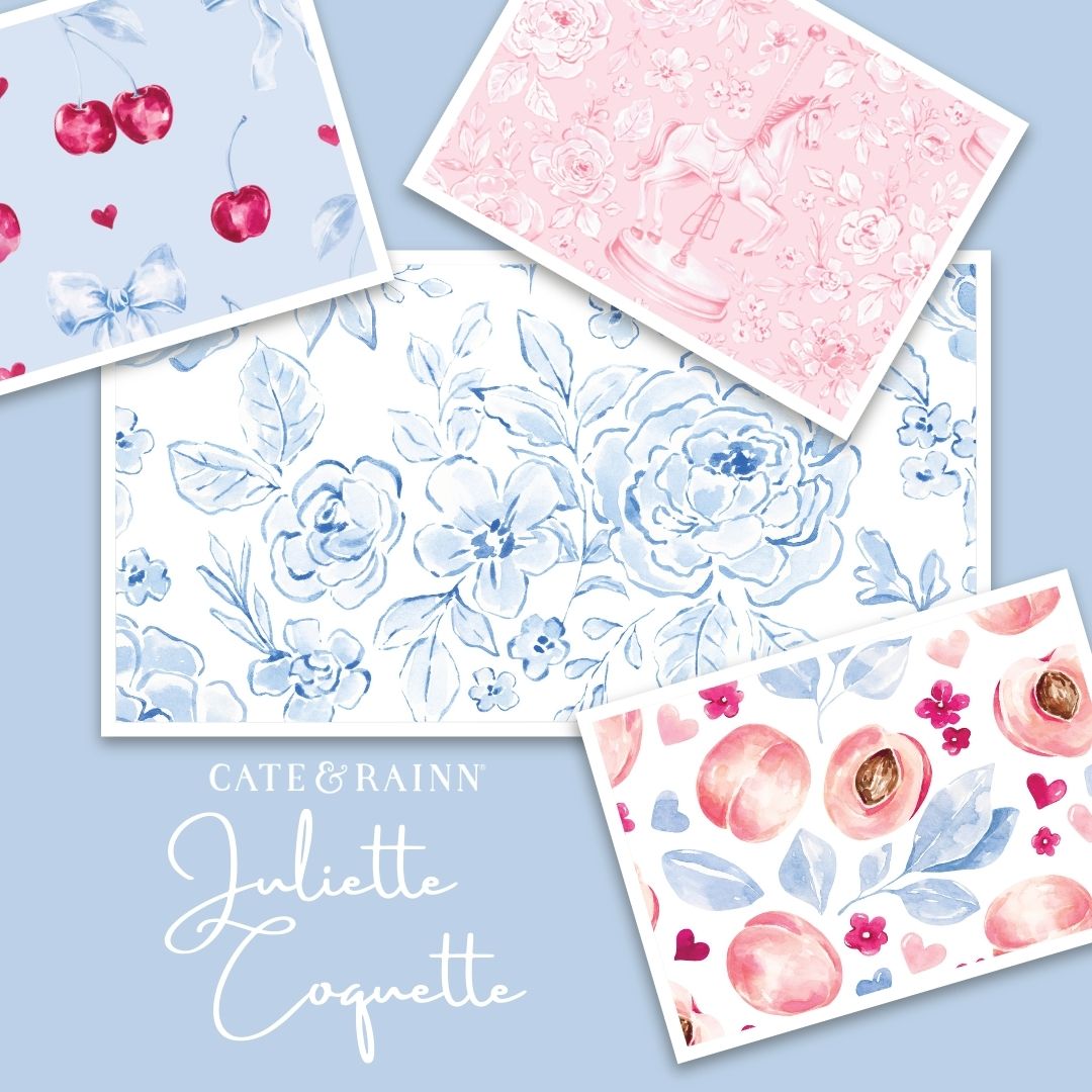 Collection of floral and valentine themed seamless pattern designs with 'Cate & Rainn' and Juliette Coquette branding on a light blue background.