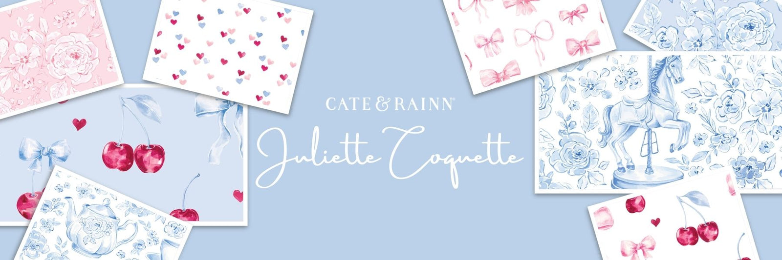 Collection of children's illustrations with 'Cate & Rainn' and 'Juliette Coquette' branding on a light blue background.
