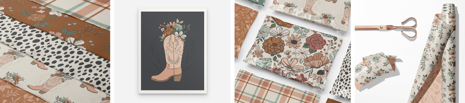 Mockup images of fabric, wall art, packaging and gift wrap featuring floral cowgirl designs by Cate and Rainn.