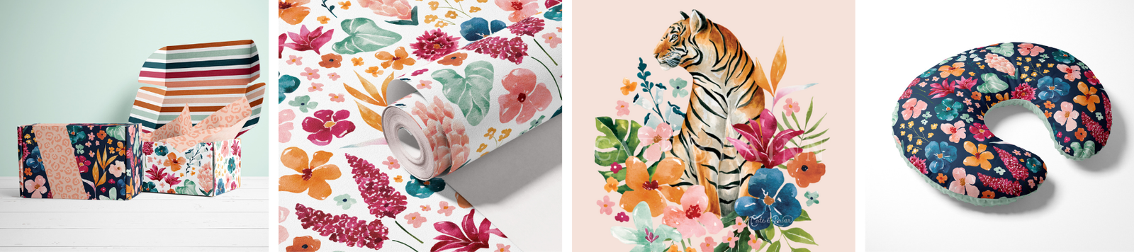 Mockup images of a gift box, wallpaper and baby products featuring a colorful tropical design collection with bright florals and tigers by Cate and Rainn.