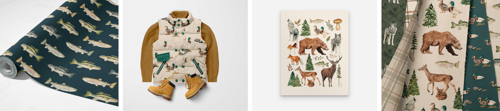 Mockup images featuring wild animals such as bears, fish, trees and ducks on product images of wallpaper, children's apparel, wall art and fabric.