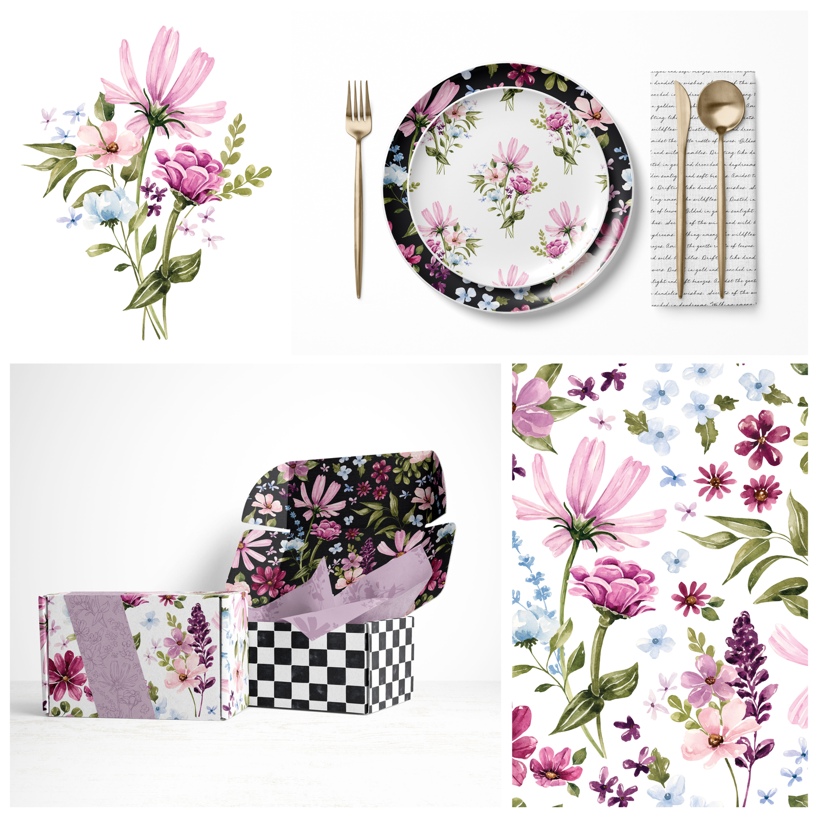 Floral-themed tableware set including plates, napkins, and cutlery on a white background.