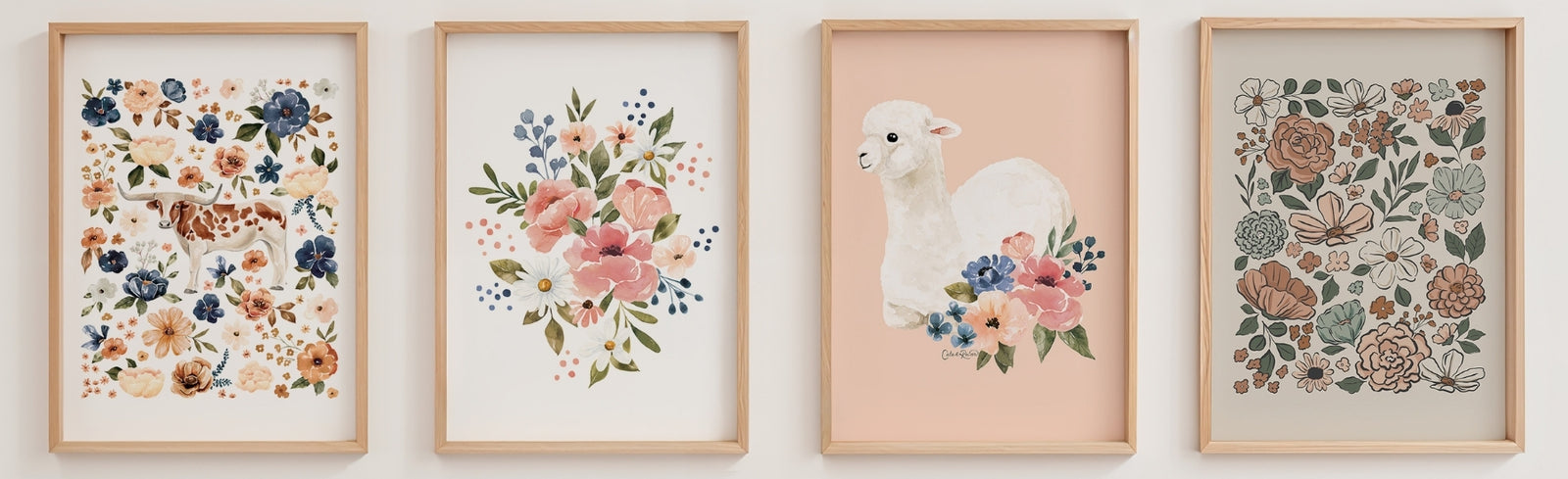 Illustrated Wall Art in Wooden Frames featuring florals and animals by Cate and Rainn