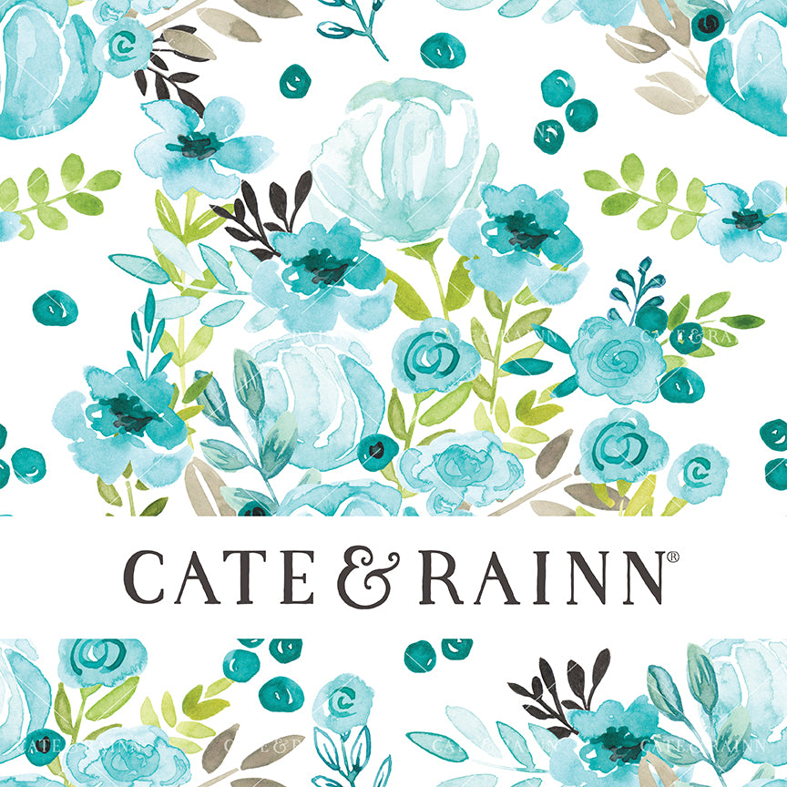 A aqua blue and lime green watercolor floral pattern with 'Cate &amp; Rainn' branding on a white background