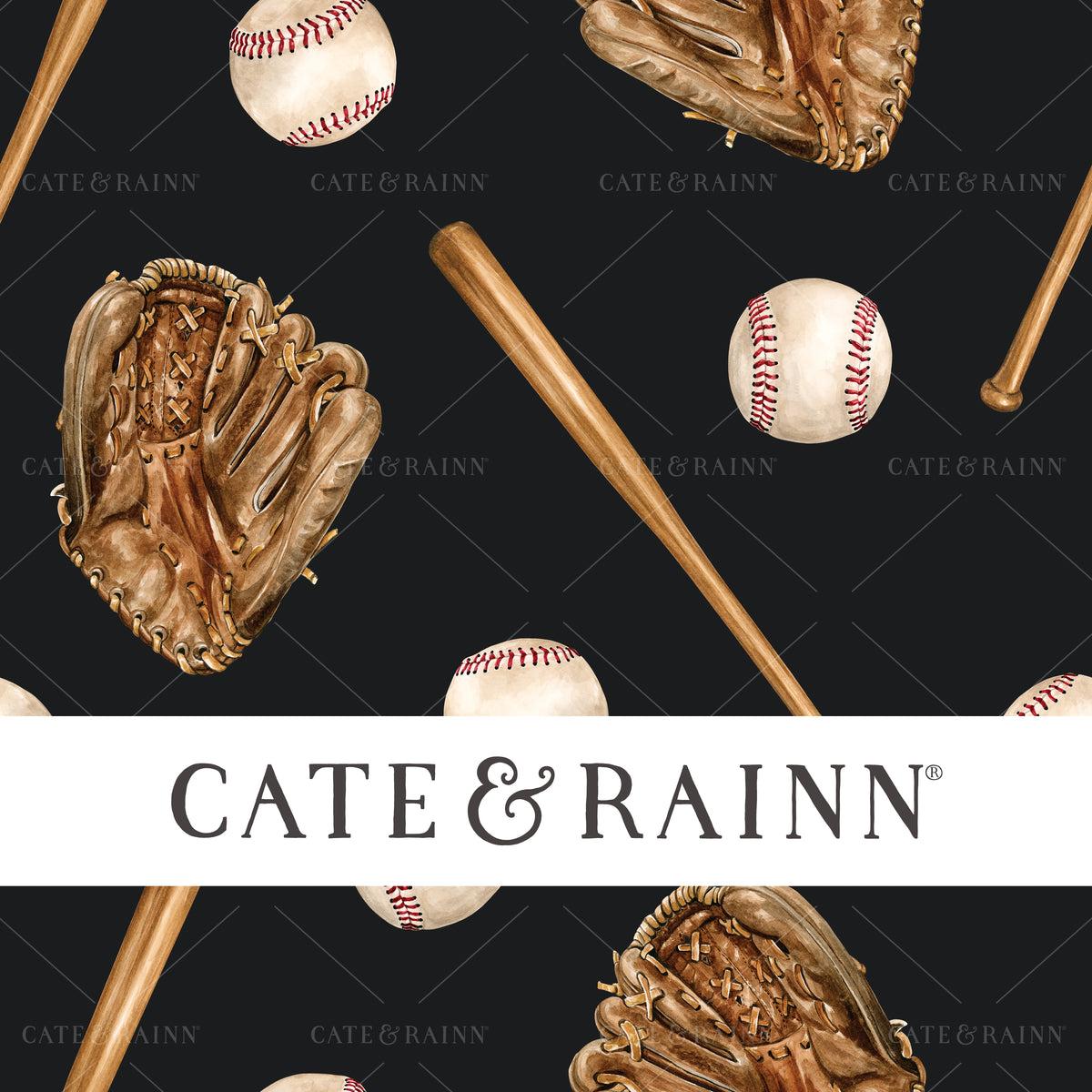 A hand-painted vintage sports watercolor baseball design by Cate and Rainn®