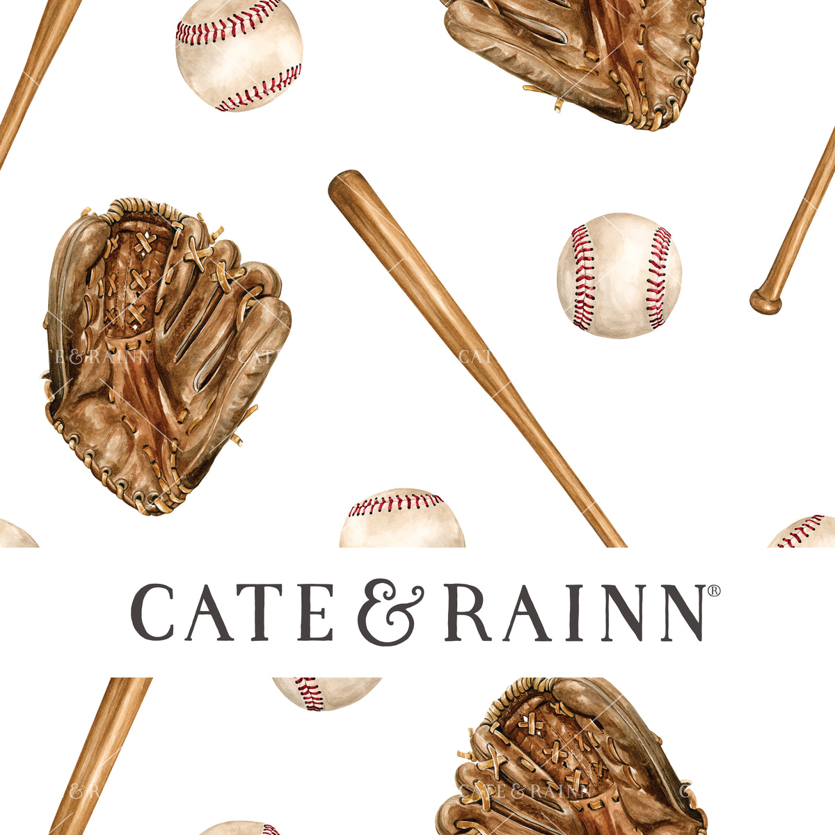 A hand-painted vintage sports watercolor baseball design by Cate and Rainn®