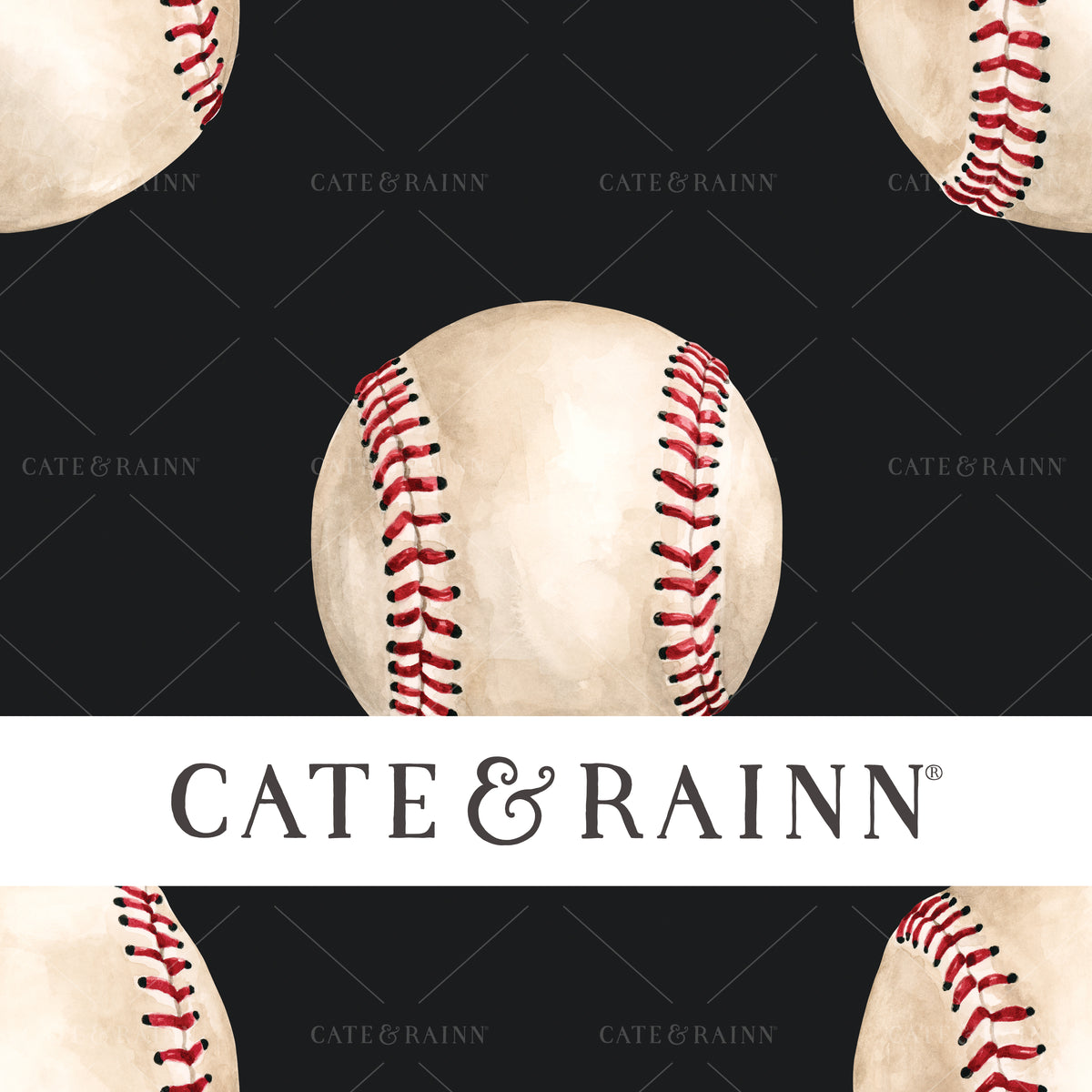 A hand-painted watercolor baseball design by Cate and Rainn®