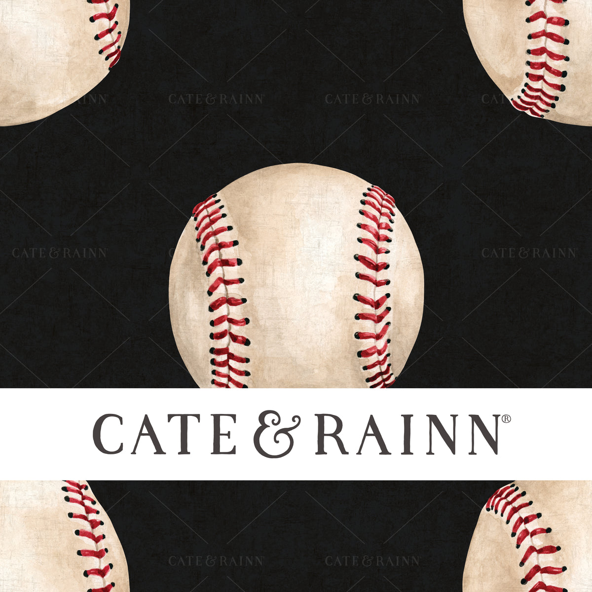 A hand-painted watercolor baseball design by Cate and Rainn®