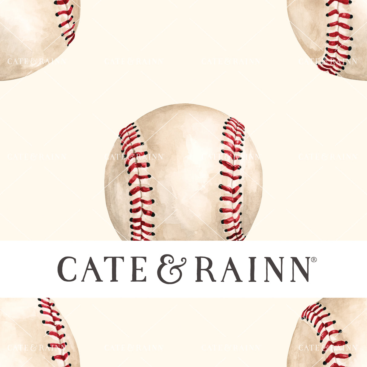 A hand-painted watercolor baseball design by Cate and Rainn®