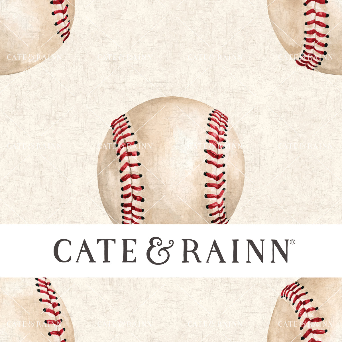 A hand-painted watercolor baseball design by Cate and Rainn®