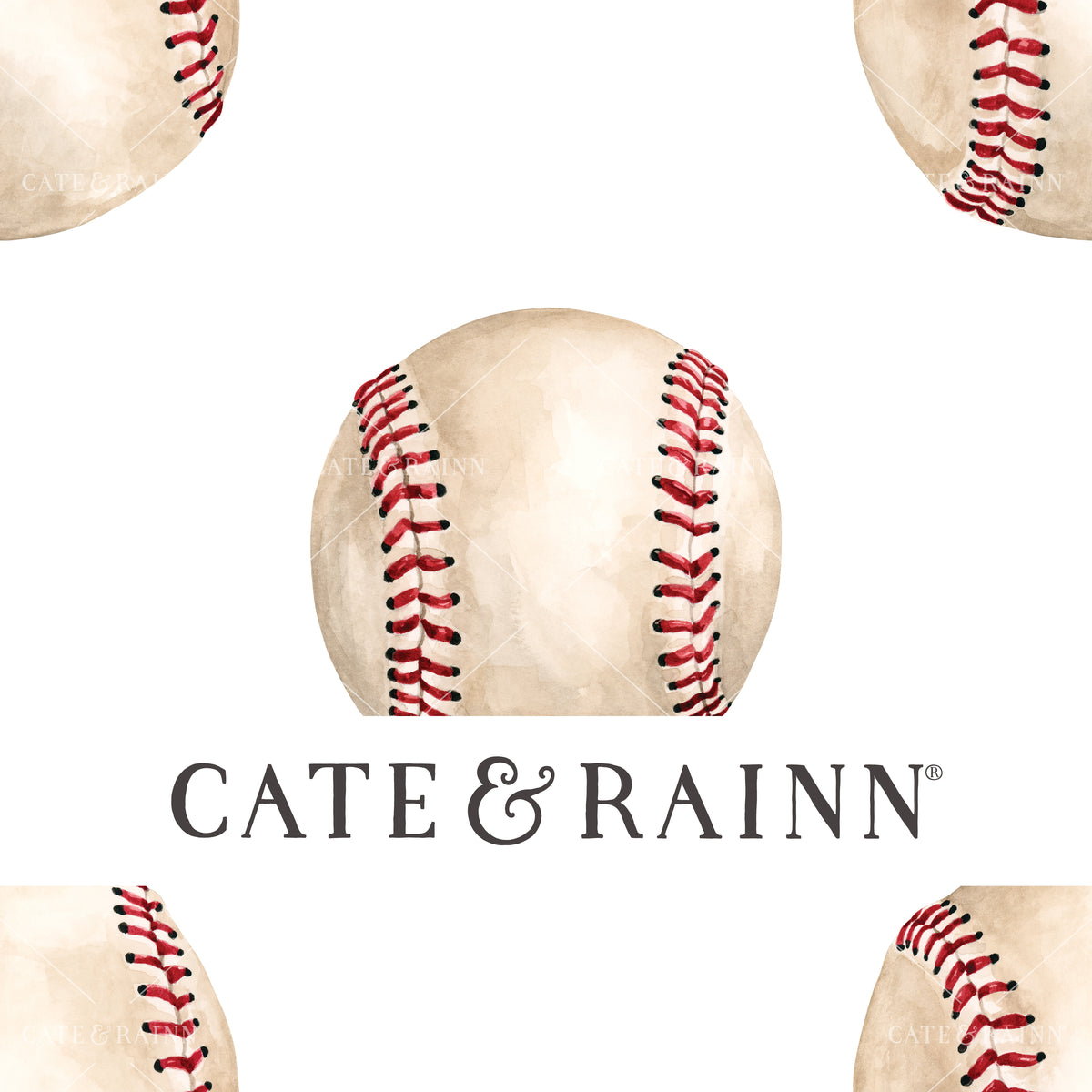 A hand-painted watercolor baseball design by Cate and Rainn®