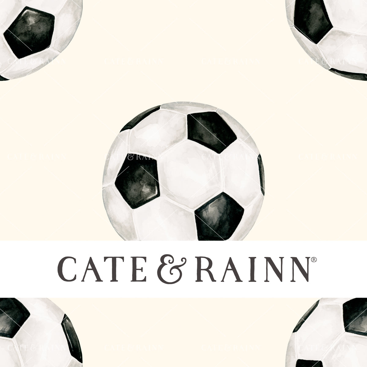 A hand-painted watercolor soccer design by Cate and Rainn®