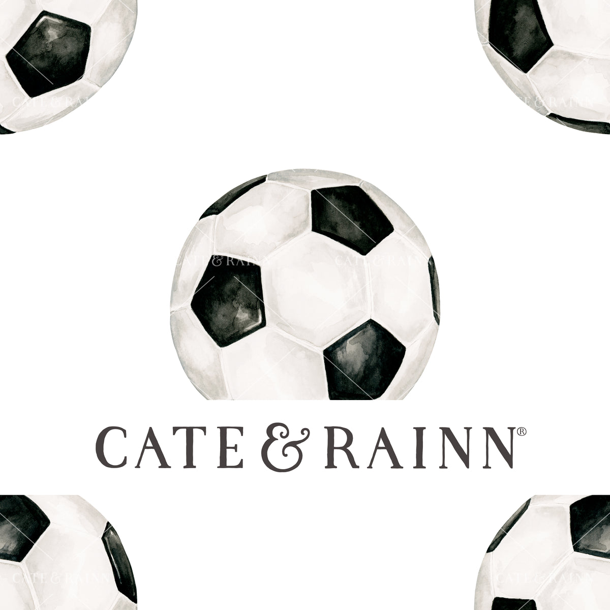 A hand-painted watercolor soccer design by Cate and Rainn®