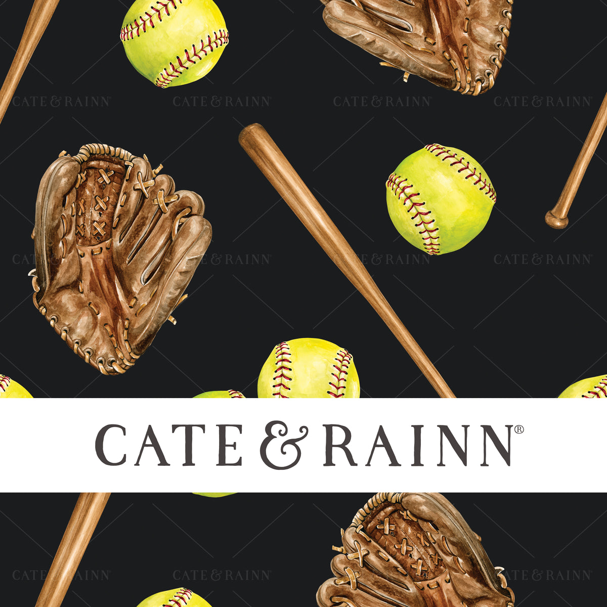 A hand-painted watercolor softball design by Cate and Rainn®