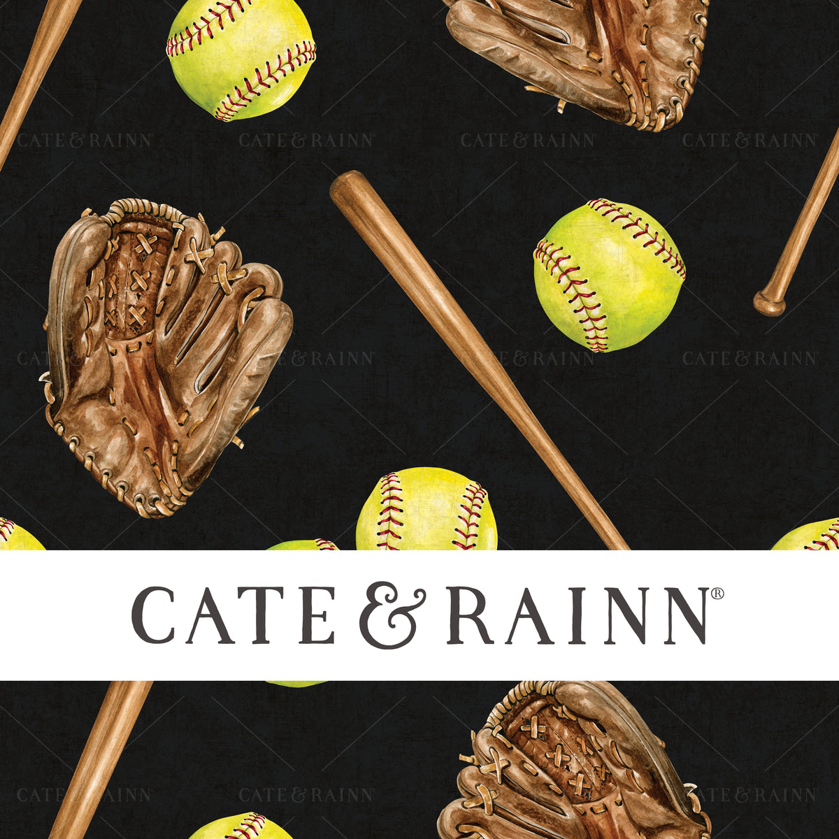 A hand-painted watercolor softball design by Cate and Rainn®