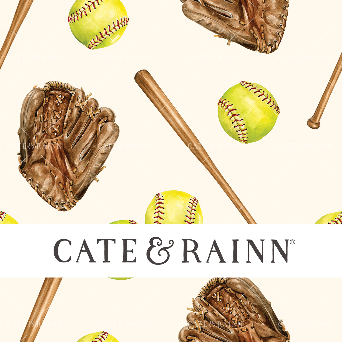 A hand-painted watercolor softball design by Cate and Rainn®