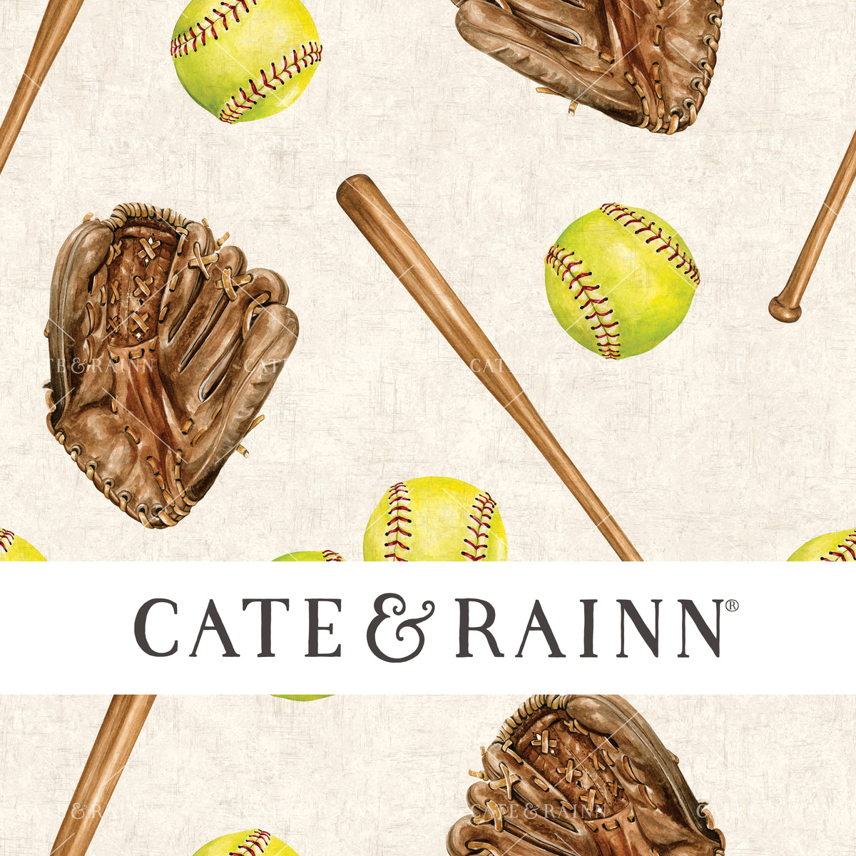 A hand-painted watercolor softball design by Cate and Rainn®