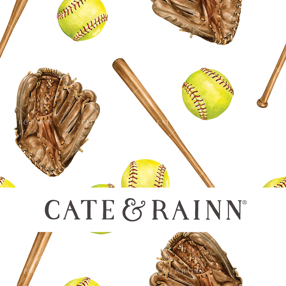 A hand-painted watercolor softball design by Cate and Rainn®
