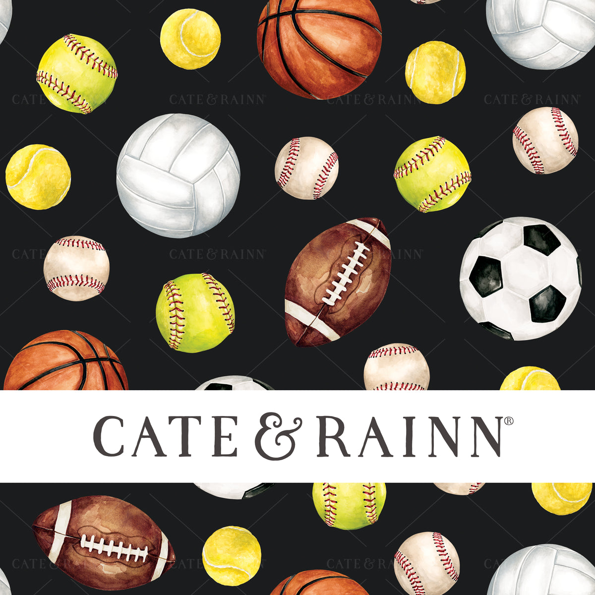 Black and cream watercolor sports seamless pattern design. Hand-painted soccer ball, football, basketball, baseball, volleyball, tennis and softball.