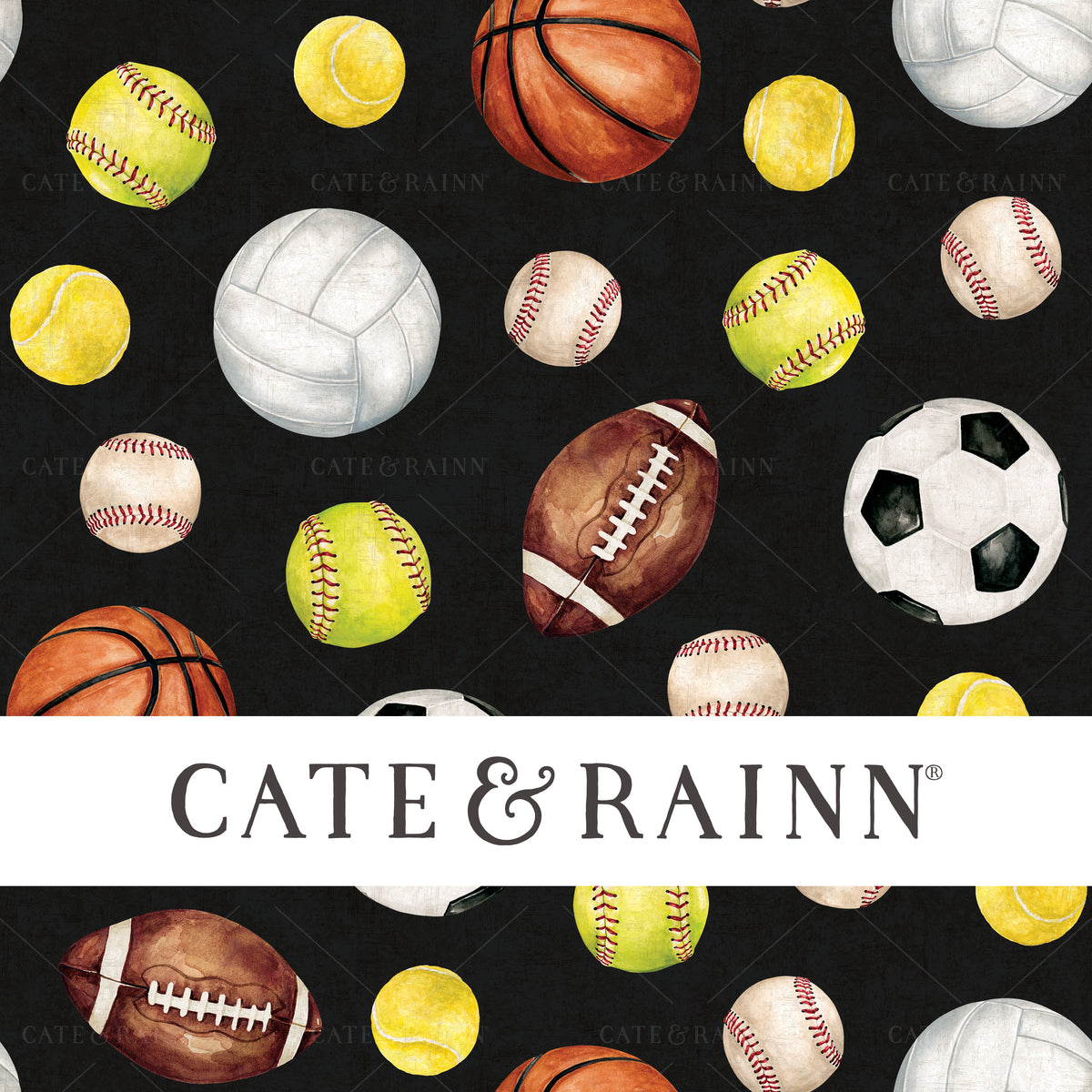 Black and cream watercolor sports seamless pattern design. Hand-painted soccer ball, football, basketball, baseball, volleyball, tennis and softball.