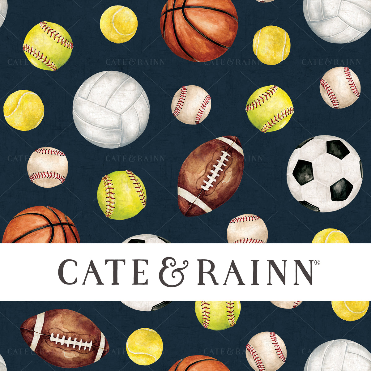 Black and cream watercolor sports seamless pattern design. Hand-painted soccer ball, football, basketball, baseball, volleyball, tennis and softball.