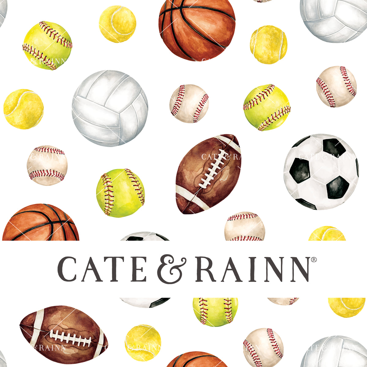 Black and cream watercolor sports seamless pattern design. Hand-painted soccer ball, football, basketball, baseball, volleyball, tennis and softball.