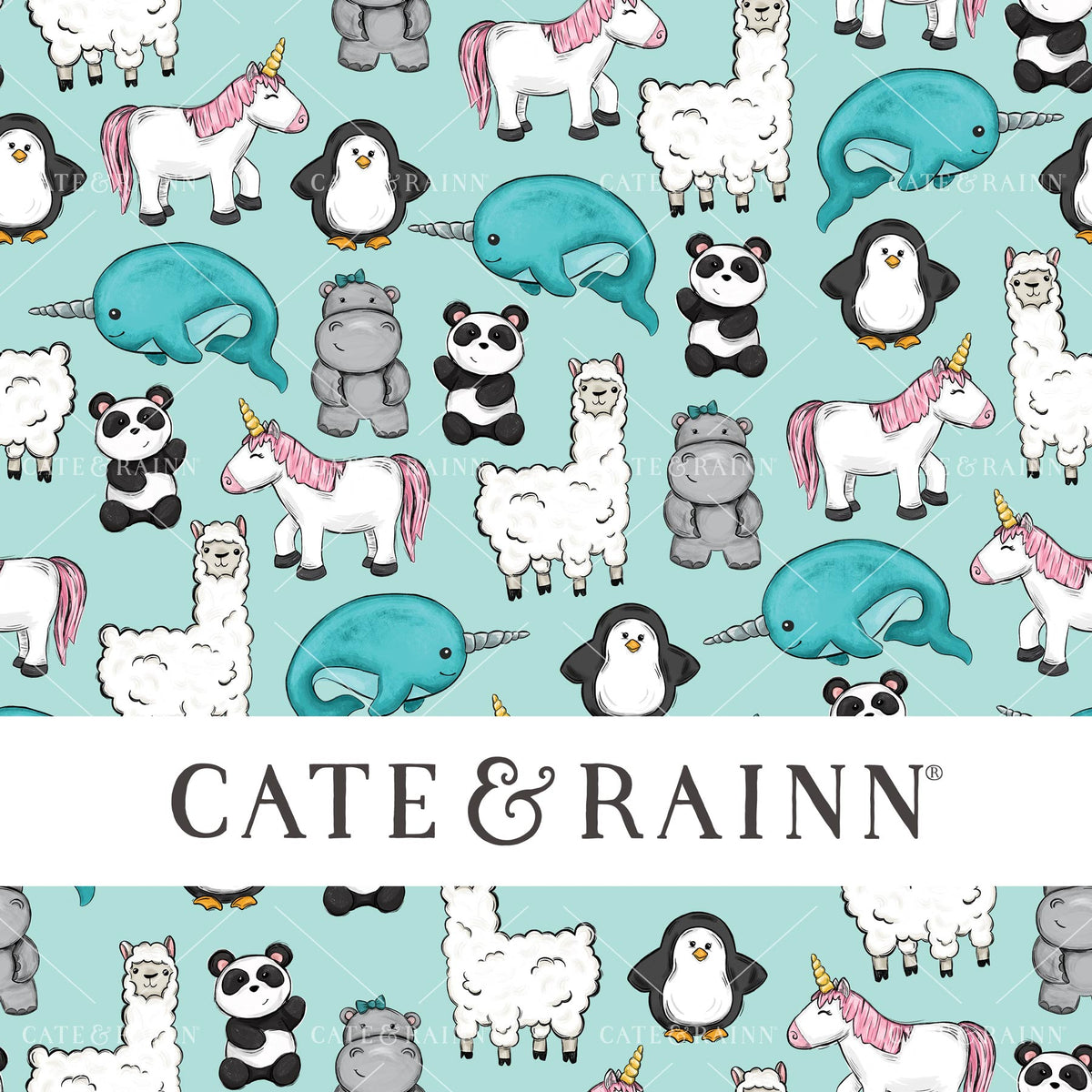 A cute hand-illustrated pattern of quirky animal friends including a llama, hippo, narwhal, unicorn, panda and penguin on a blue background with Cate &amp; Rainn branding.