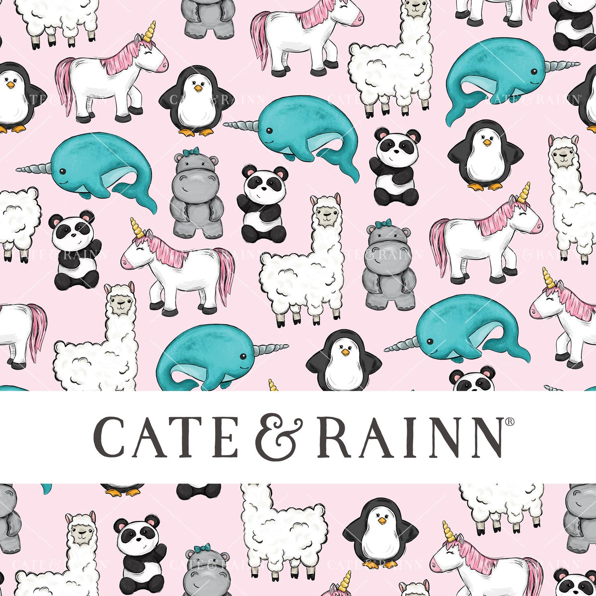 A cute hand-illustrated pattern of quirky animal friends including a llama, hippo, narwhal, unicorn, panda and penguin on a pink background with Cate &amp; Rainn branding.