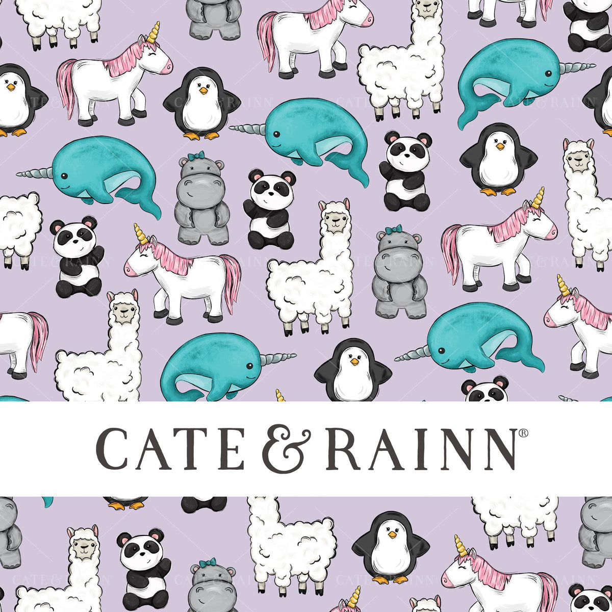 Sweet illustrated animal pattern featuring narwhal, penguin, llama, panda, hippo and a unicorn on a purple background with Cate &amp; Rainn branding.