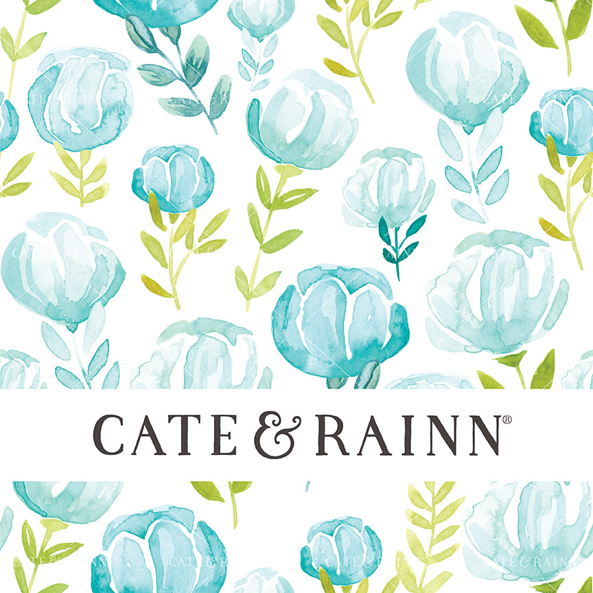 Watercolor foral pattern with blue flowers and green leaves on a white background, featuring the brand 'Cate &amp; Rainn'.