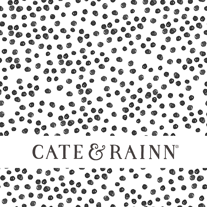 Black and white boho dots pattern design with Cate &amp; Rainn branding.