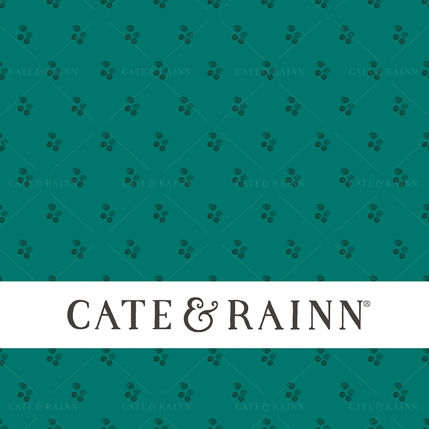 Hand-painted teal boho dots on a teal background with Cate &amp; Rainn branding