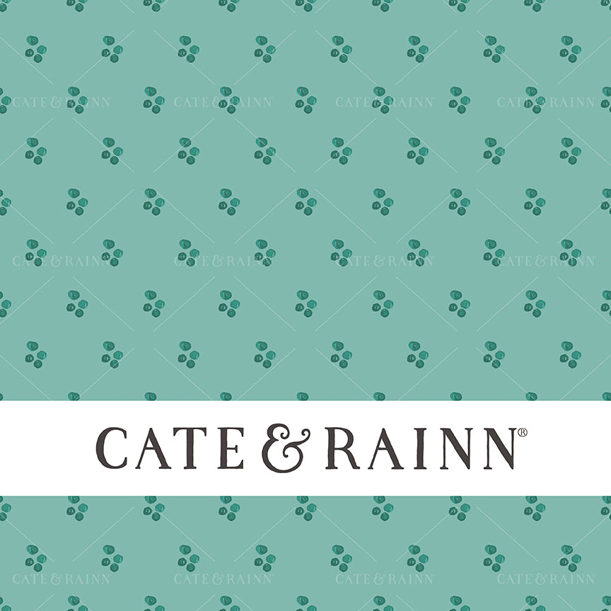 Hand-painted teal boho dots on a aqua blue background with Cate &amp; Rainn branding