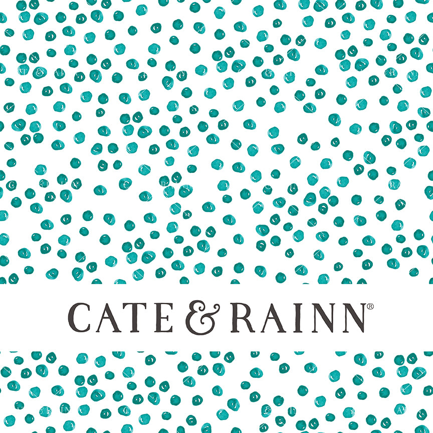 Hand-painted teal watercolor dots on white background with Cate &amp; Rainn branding.
