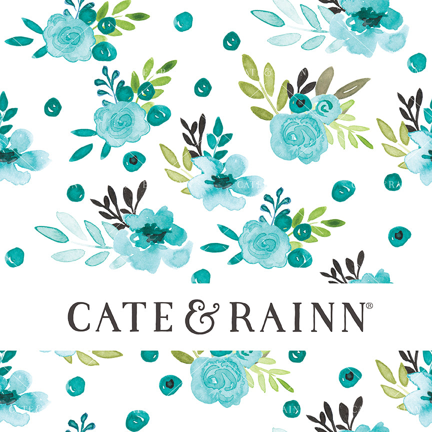 A whimsical floral pattern with 'Cate &amp; Rainn' logo on a white background