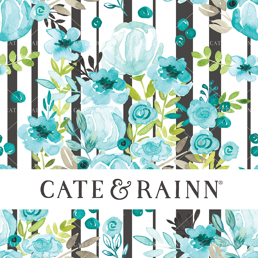 Aqua blue floral pattern layered on black, vertical stripes and 'Cate &amp; Rainn' branding.