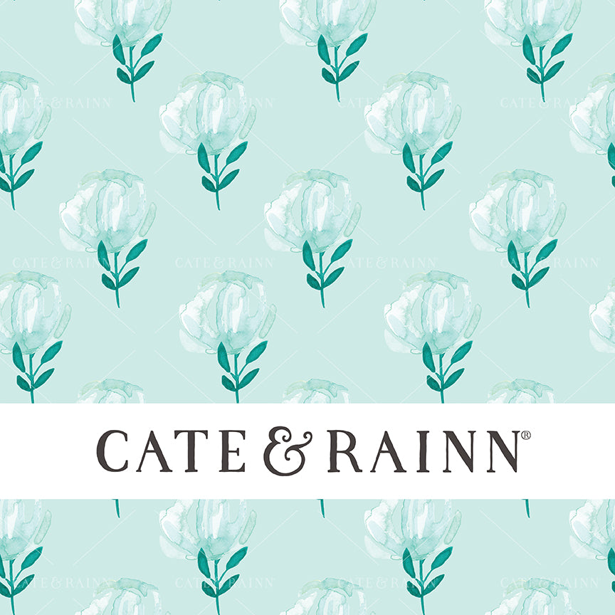 Pattern of soft aqua blue flowers with teal stems on a light blue background, featuring the brand 'Cate &amp; Rainn'.