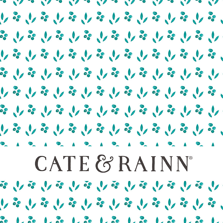 Watercolor boho dots and simple leaves surface pattern design with Cate &amp; Rainn branding on a white background.
