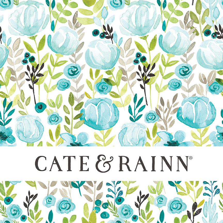 Aqua blue floral peony and leaves pattern with 'Cate &amp; Rainn' branding on a white background