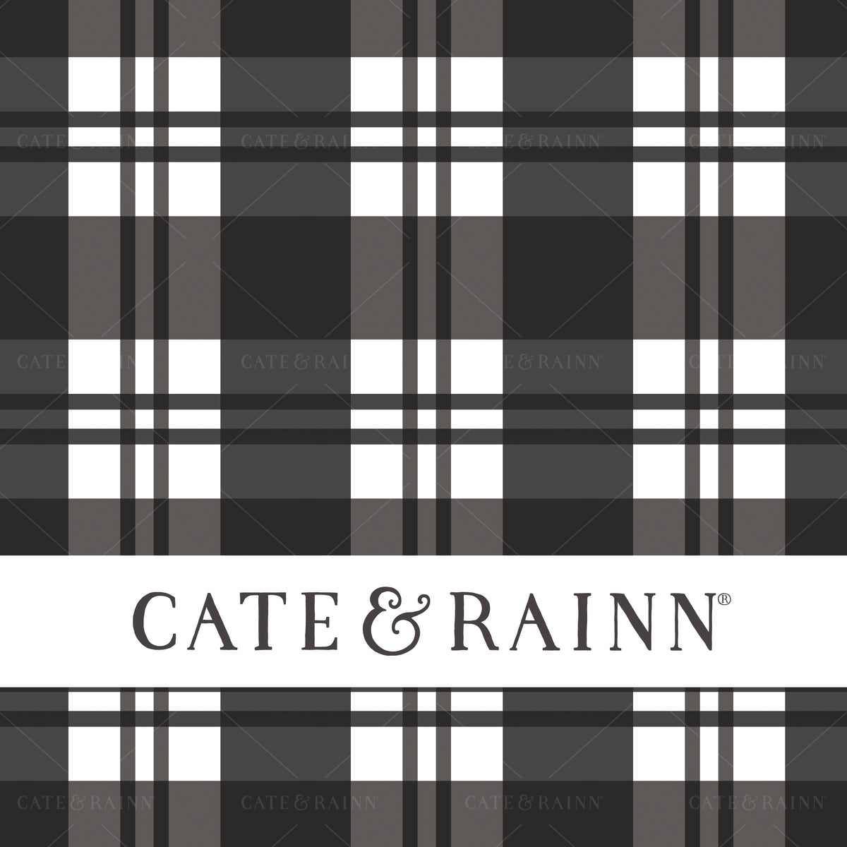 Black and white plaid pattern with 'Cate &amp; Rainn' branding at the bottom.
