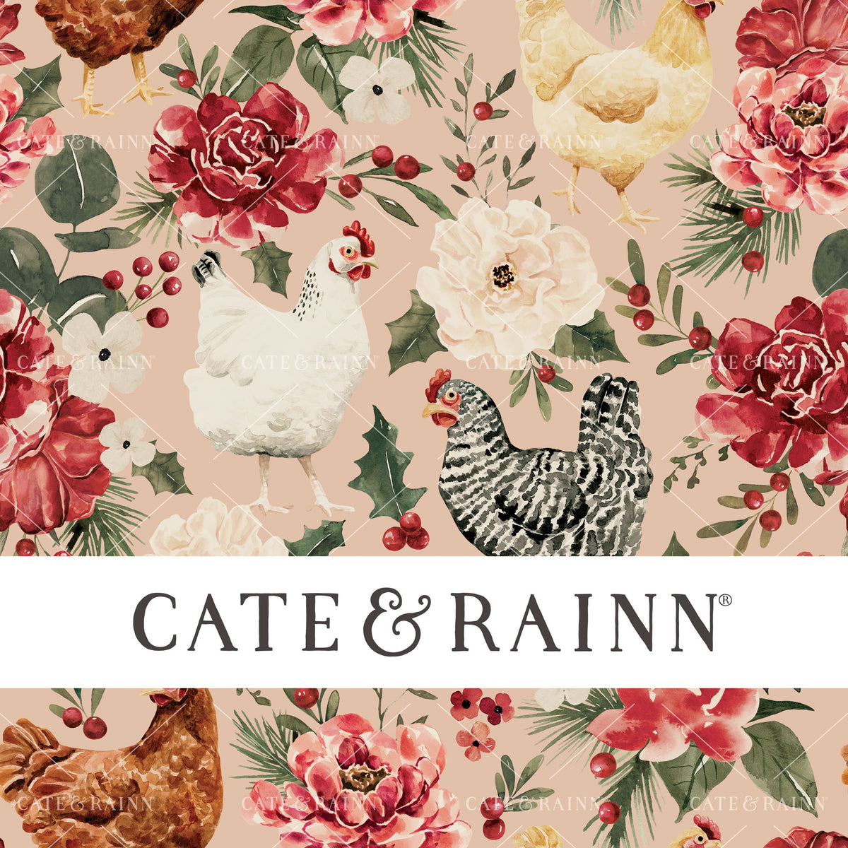 Vintage Christmas Chicken Floral on Blush Pink Seamless Pattern | Briar and Pine Collection