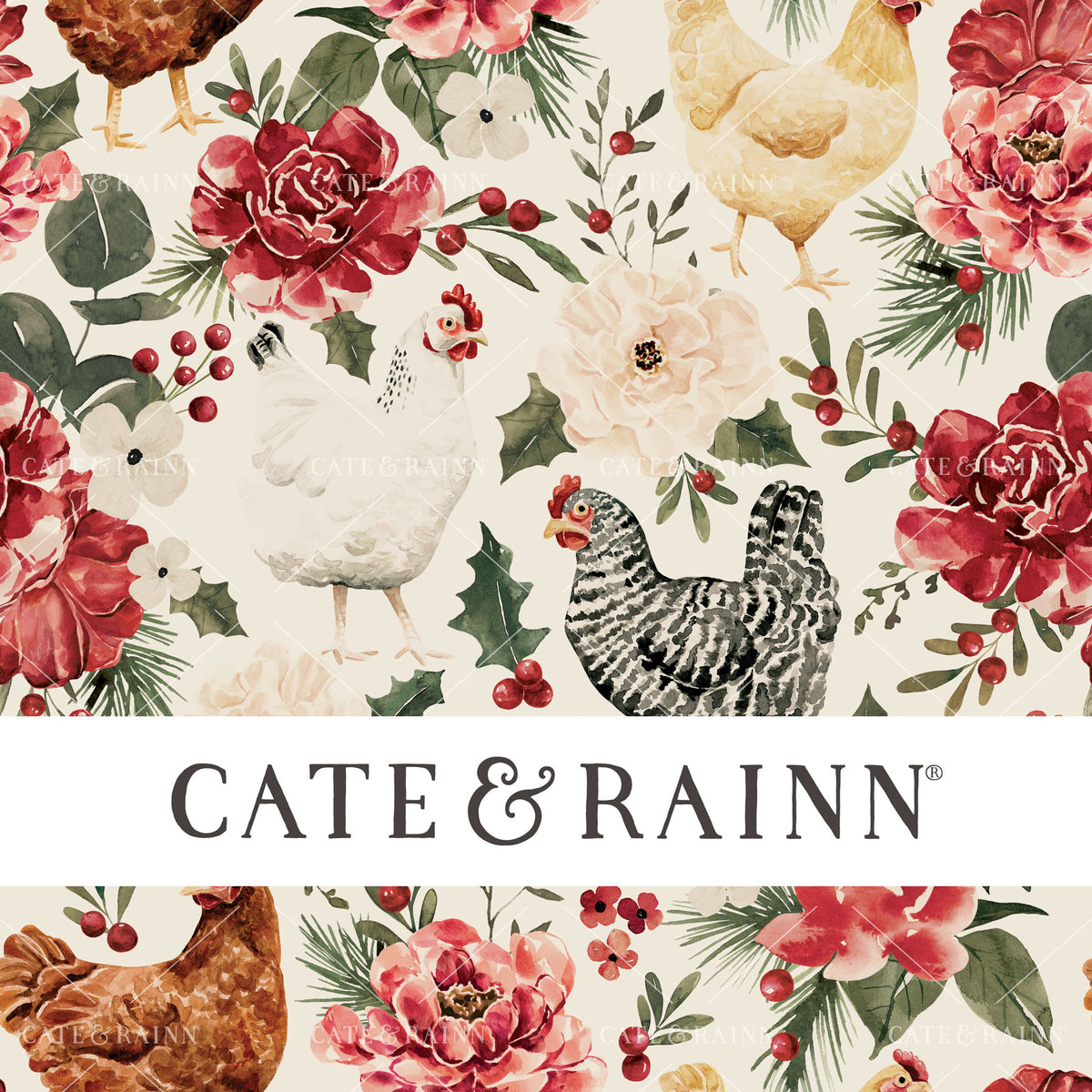 Vintage Christmas Chicken Floral on Cream Seamless Pattern | Briar and Pine Collection