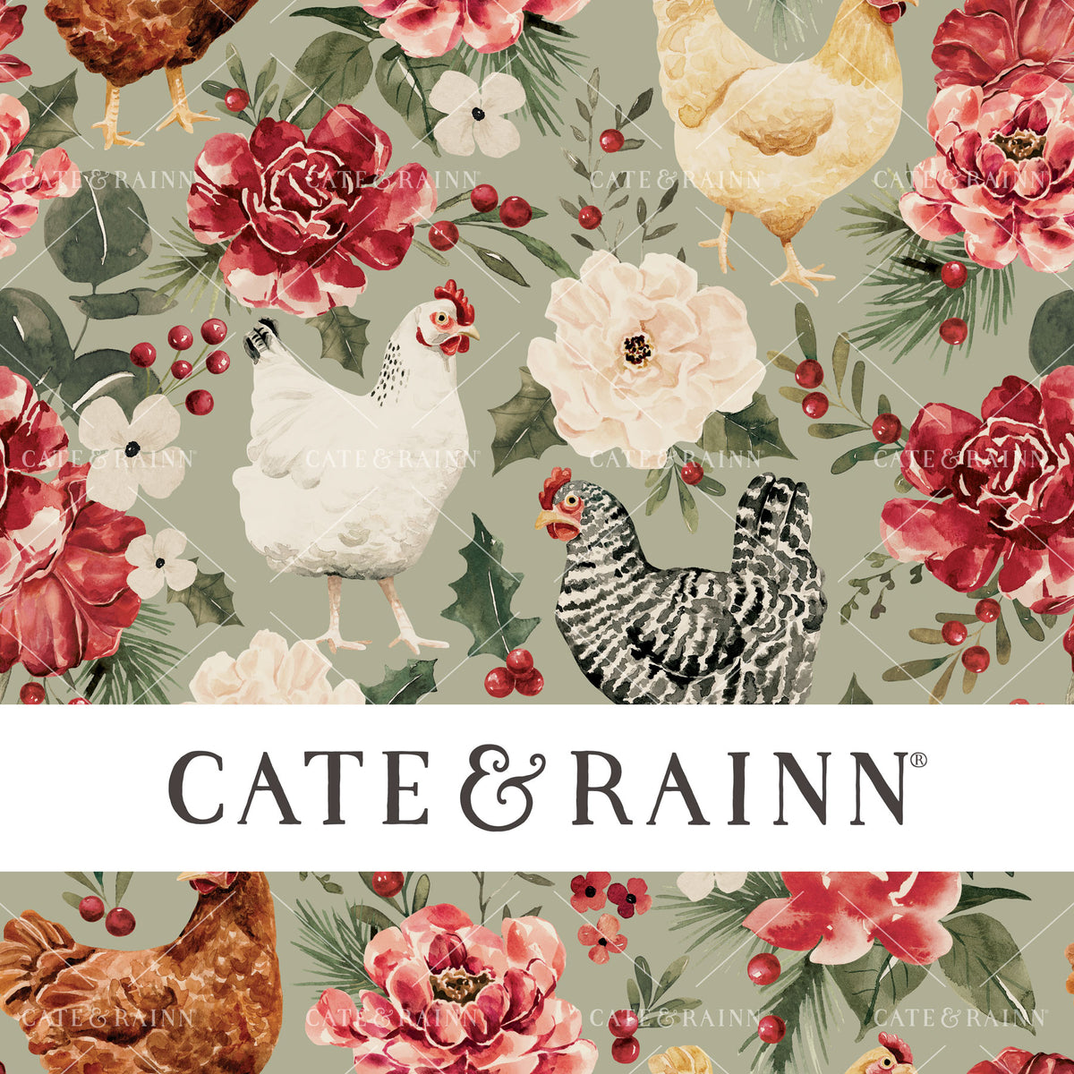 Vintage Christmas Chicken Floral on Sage Green Seamless Pattern | Briar and Pine Collection