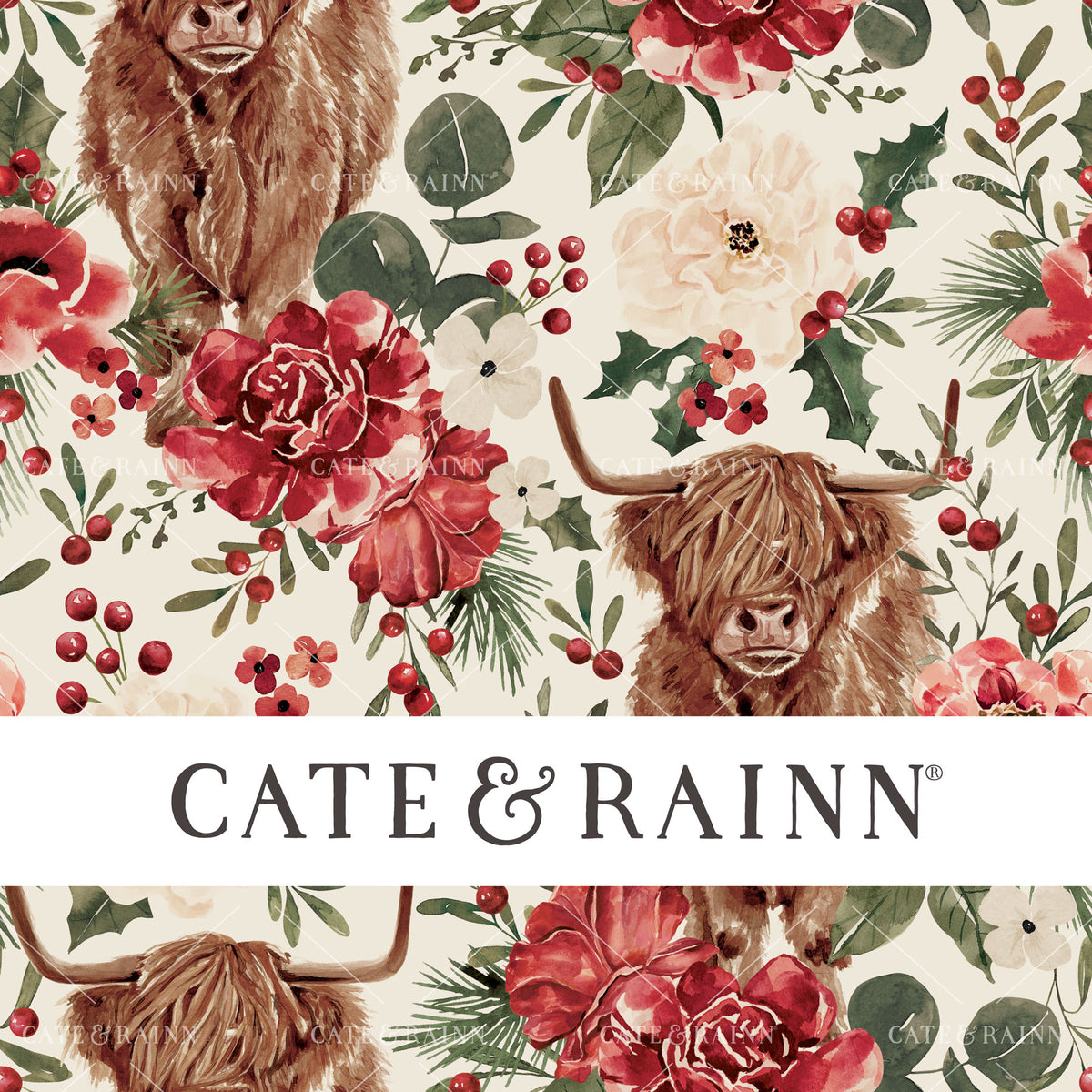 Vintage Christmas Highland Cow Floral on Cream Seamless Pattern | Briar and Pine Collection