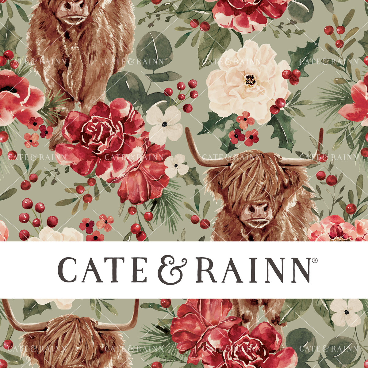 Vintage Christmas Highland Cow Floral on Sage Green Seamless Pattern | Briar and Pine Collection