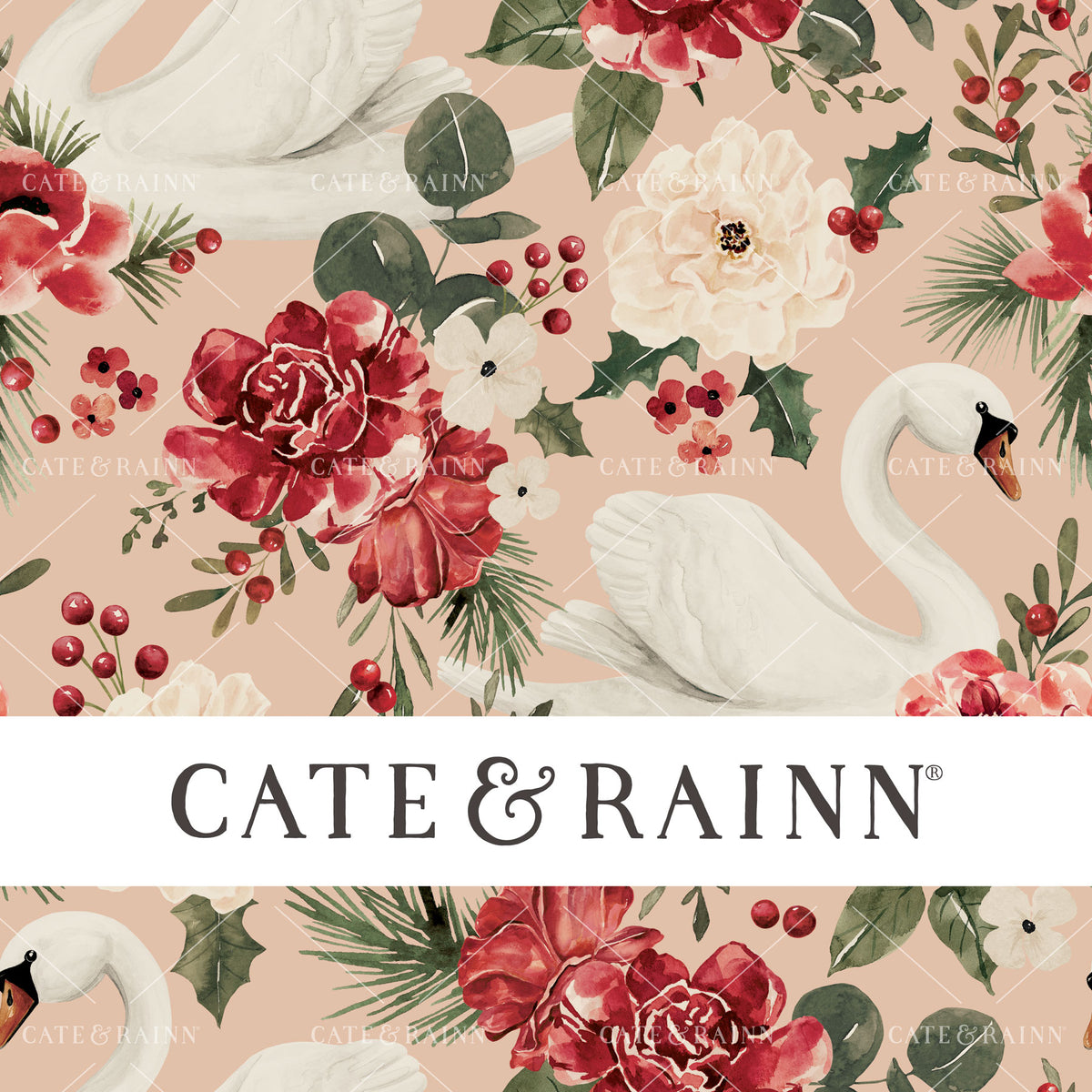 Vintage Christmas Swan Floral on Blush Pink Seamless Pattern | Briar and Pine Collection