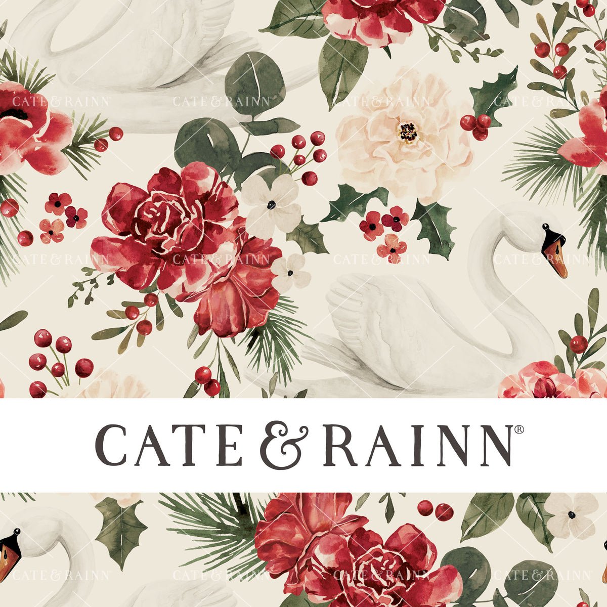 Vintage Christmas Swan Floral on Cream Seamless Pattern | Briar and Pine Collection